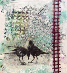 The Ever Messy Flight of Love Birds - Encaustic - $200